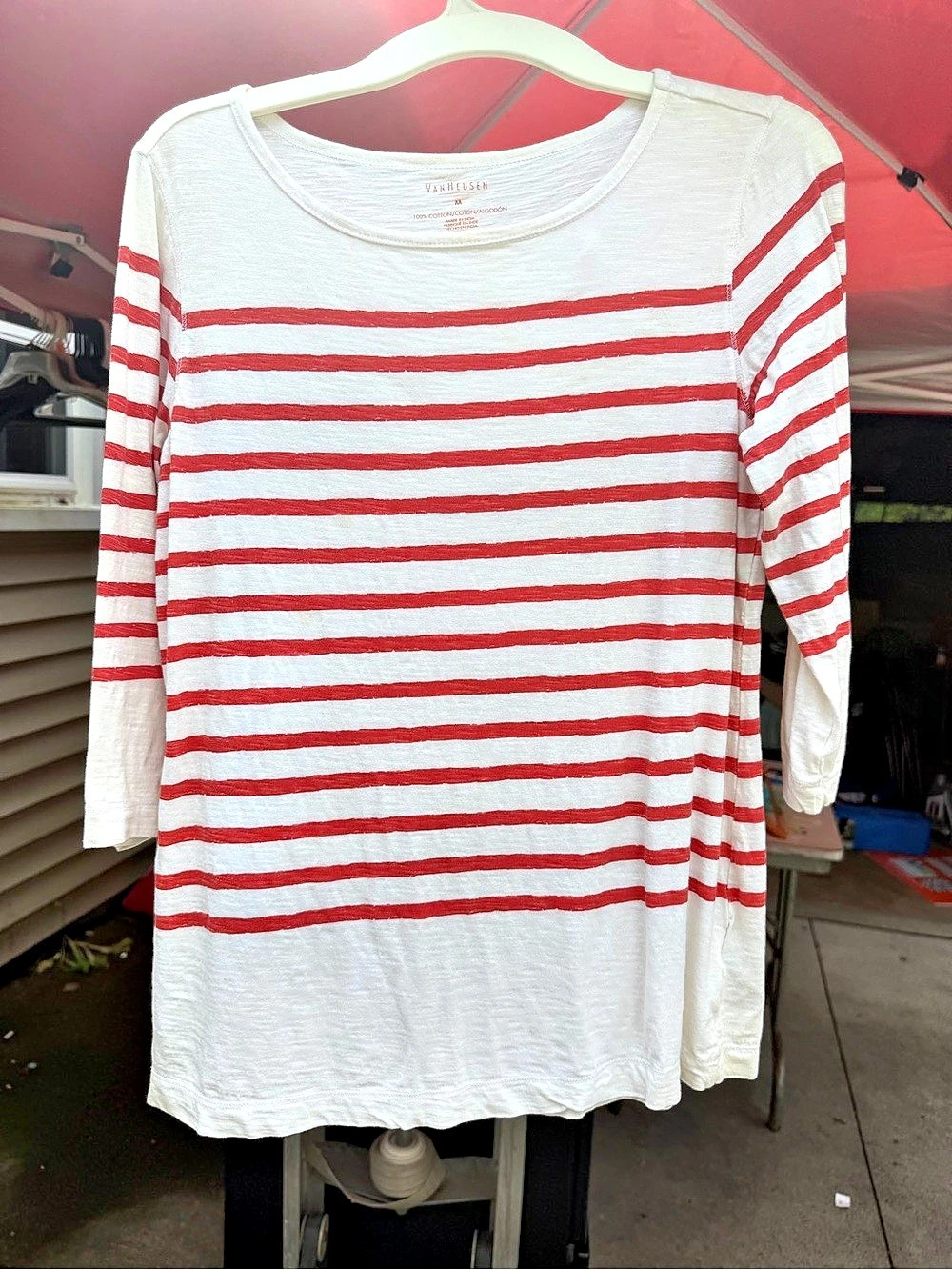 Van Heusen Striped Long Sleeve in White & Red Medium